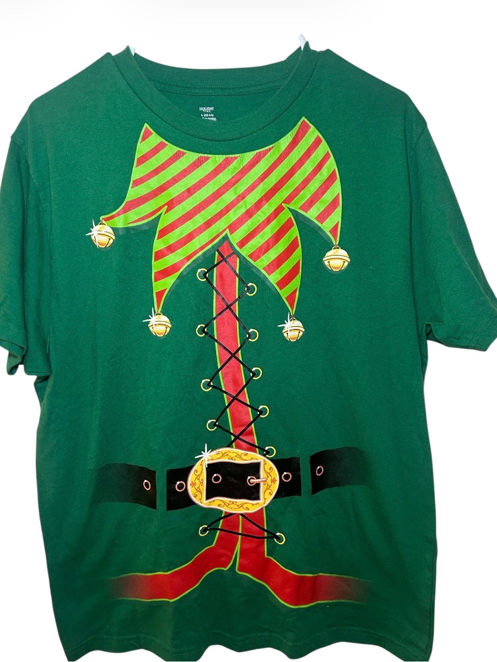 Holiday Time Green Elf Graphic Short Sleeve T Shirt Large Christmas Santa Green